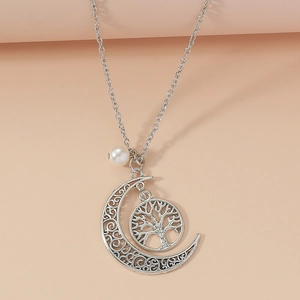Collier lune en argent avec pendentif arbre de vie et perle blanche bohème