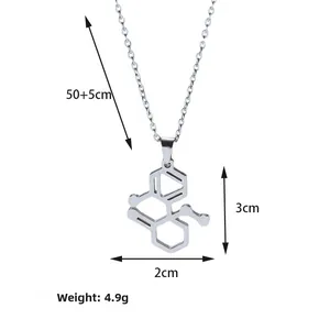 Detailed size chart for silver chemical molecule pendant necklace with dimensions and weight