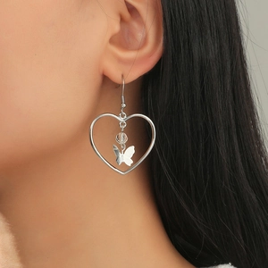 Boucles d'oreilles pendantes cœur creux et papillon en argent poli pour femmes