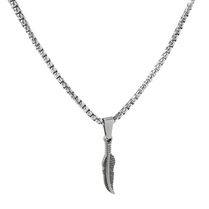 Silver stainless steel feather pendant necklace with box chain for men on white background