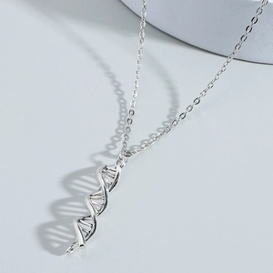 Minimalist DNA double helix structure pendant necklace in silver metal with thin O-chain