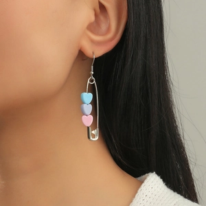 Creative paperclip drop earrings with three matte macaron heart beads in pastel colors