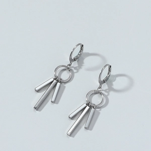 Modern geometric silver tassel earrings with stainless steel drop bars for men