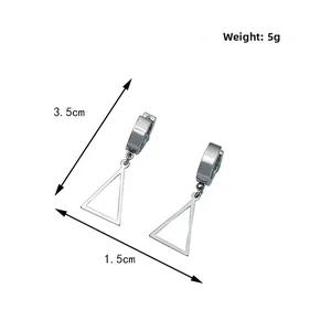 Detailed size view of geometric stainless steel triangle dangle earrings weighing 5g
