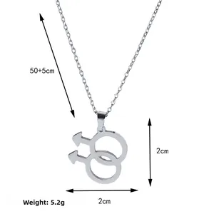 Détail du collier symboles masculins entrelacés, chaîne de 50+5cm et poids de 5,2g