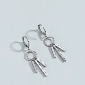 Minimalist silver steel hoop earrings with three geometric pillar pendants for men