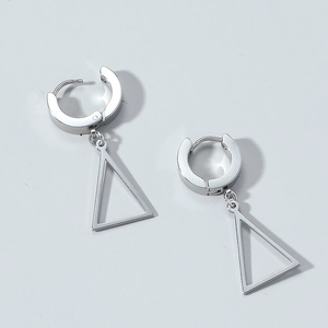 Minimalist stainless steel geometric triangle dangle earrings with polished silver finish