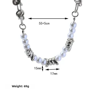 Detail of punk style pearl and barbed wire necklace with dimensions 55+5cm 69g