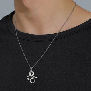 Polished silver chemical molecule structure pendant necklace in a minimalist hip-hop style