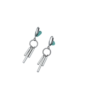 Modern silver geometric tassel earring with blue turquoise bead and steel bars