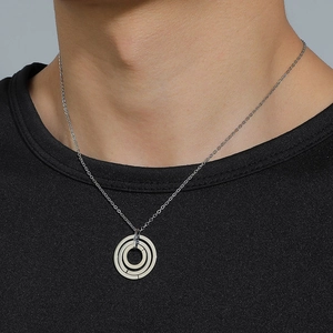 Minimalist silver stainless steel triple ring necklace for men with geometric pendant