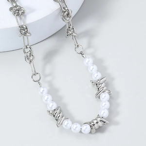 Chic silver barbed wire and pearl necklace for unisex with minimalist punk style design