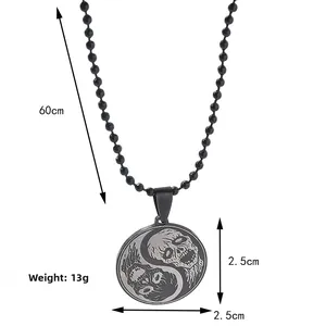 Detailed view of 60cm bead chain and 2.5cm skull yin yang pendant with measurements