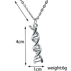 Detailed view of silver DNA helix pendant with dimensions 4cm x 1cm and weight 6g