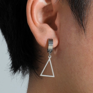 Minimalist silver stainless steel hoop earrings featuring a geometric triangle charm