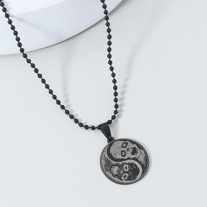 Gothic Stainless Steel Yin Yang Skull Pendant Necklace Creative Tai Chi Tiger Pattern Round Metal Charm Bead Chain Jewelry For Men Women