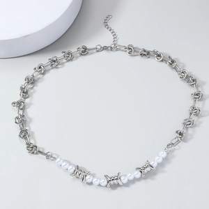 Silver mixed link necklace featuring industrial wire mesh motifs and white round pearls