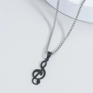 Collana con ciondolo a chiave di violino nera e catena box in acciaio inox argento