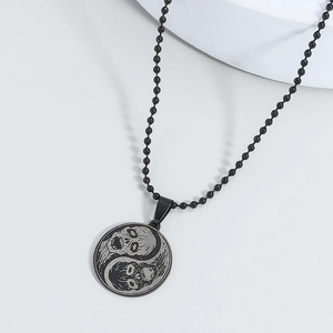 Punk style stainless steel Yin Yang skull pendant necklace with black bead chain accessory