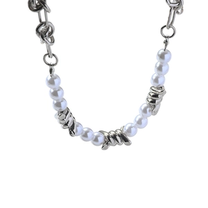 Luxurious pearl and silver thorn splice necklace with industrial style beaded sweater chain