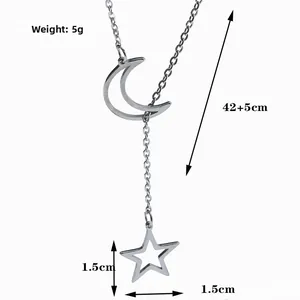 Detail view of silver crescent moon and star necklace showing 42+5cm chain length and 5g weight