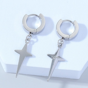 Polished stainless steel hoop earrings with 3D four-pointed star pendants on white podium