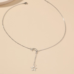 Stainless Steel Sun Moon Star Y-Shaped Lariat Necklace Minimalist Hollow Star Crescent Pendant Jewelry Gift For Women