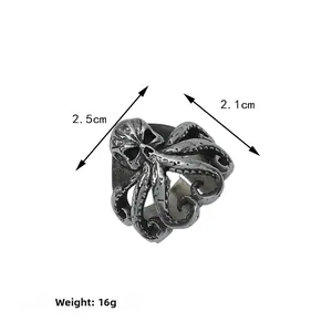 Detailed view of vintage octopus skull ring with size measurements 2.5cm x 2.1cm