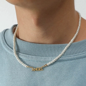 Collier de perles d'eau douce baroques pour hommes avec pendentif lettre ANGEL