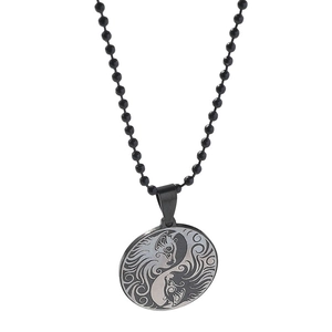 Yin Yang Cat skull titanium steel pendant necklace with black beaded chain and scroll engraving