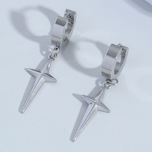 Polished stainless steel hoop earrings featuring a stylish four-point star pendant charm
