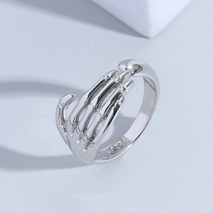 Bague main de squelette en argent sterling S925 style hip hop punk poli