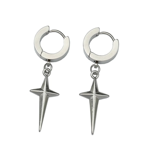 Polished stainless steel hoop earrings with minimalist four-point star pendants