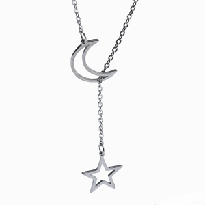 Elegant silver lariat necklace with hollow moon and star charms in y-shaped design