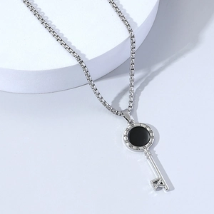 Silver Roman numeral key necklace with black inlay on minimalist square bead chain