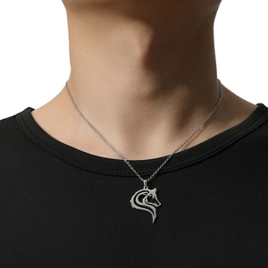 Polished stainless steel wolf head pendant necklace on a silver chain for men