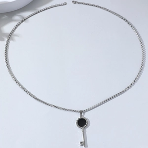 Men's titanium steel necklace featuring a silver key pendant with Roman numeral engraving