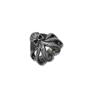 Retro oxidized silver octopus tentacle ring with detailed suckers on white background