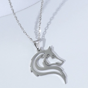 Polished stainless steel wolf head pendant necklace in silver for men with Celtic design