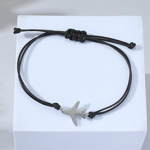 Bracelet en corde tressée avec pendentif avion en acier inoxydable poli miroir