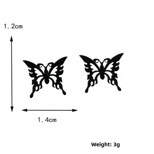 Detailed view of matte black butterfly studs with hollow wings and size dimensions