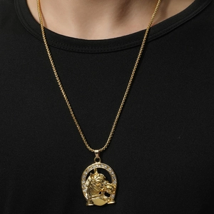 Hip hop style gold-plated horse head pendant necklace with rhinestones and round box chain