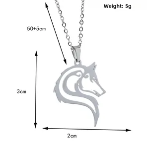 Detailed size map of wolf head pendant showing 3x2cm dimensions and 50+5cm chain length