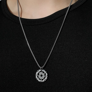 Men's hip hop stainless steel necklace featuring industrial gear pendant on woven chain