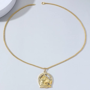 Gold plated horse head pendant necklace with horseshoe frame and sparkling crystal accents