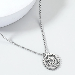 Men's stainless steel hip hop necklace with mechanical gear compass pendant on box chain