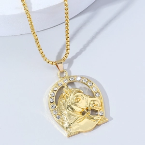Gold plated horse head pendant necklace with clear crystals and box chain accessory