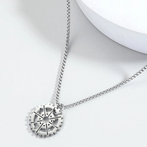 Mens hip hop compass gear pendant necklace with box chain in polished stainless steel