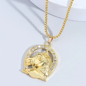 Hip Hop Alloy Rhinestone Horse Head Horse Shoe Pendant Necklace Gold Plated Equestrian Western Style Jewelry For Men Women