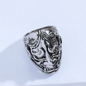 Gothic punk bull monster ring with vintage silver finish and detailed Prajna mask carving
